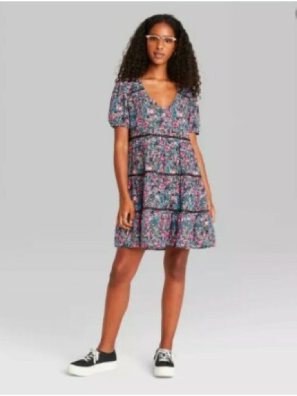 wild fable Multicolor Floral Tiered V-Neck Mini Dress